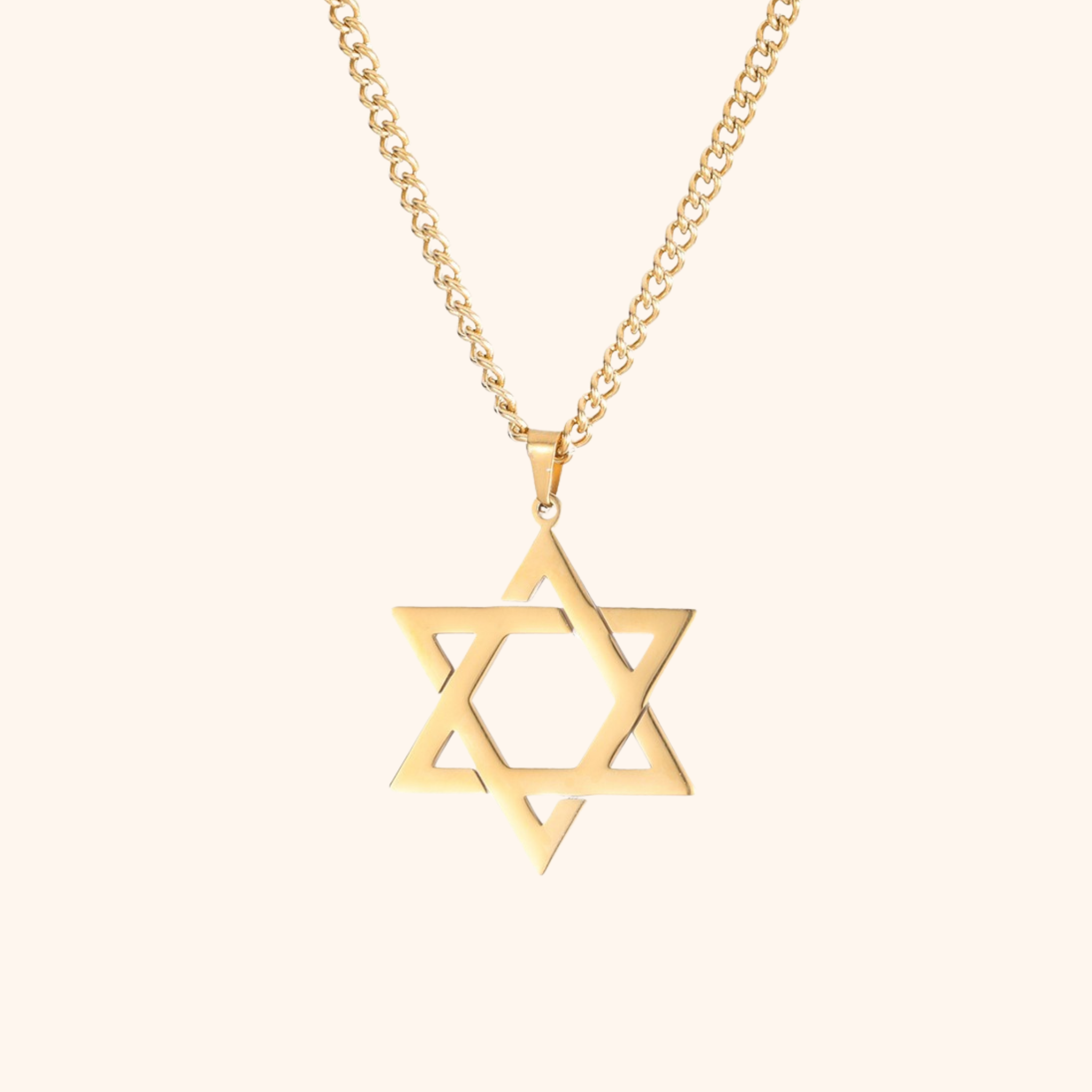 Gold Star of David necklace on 18k gold plated stainless steel chain with polished finish
